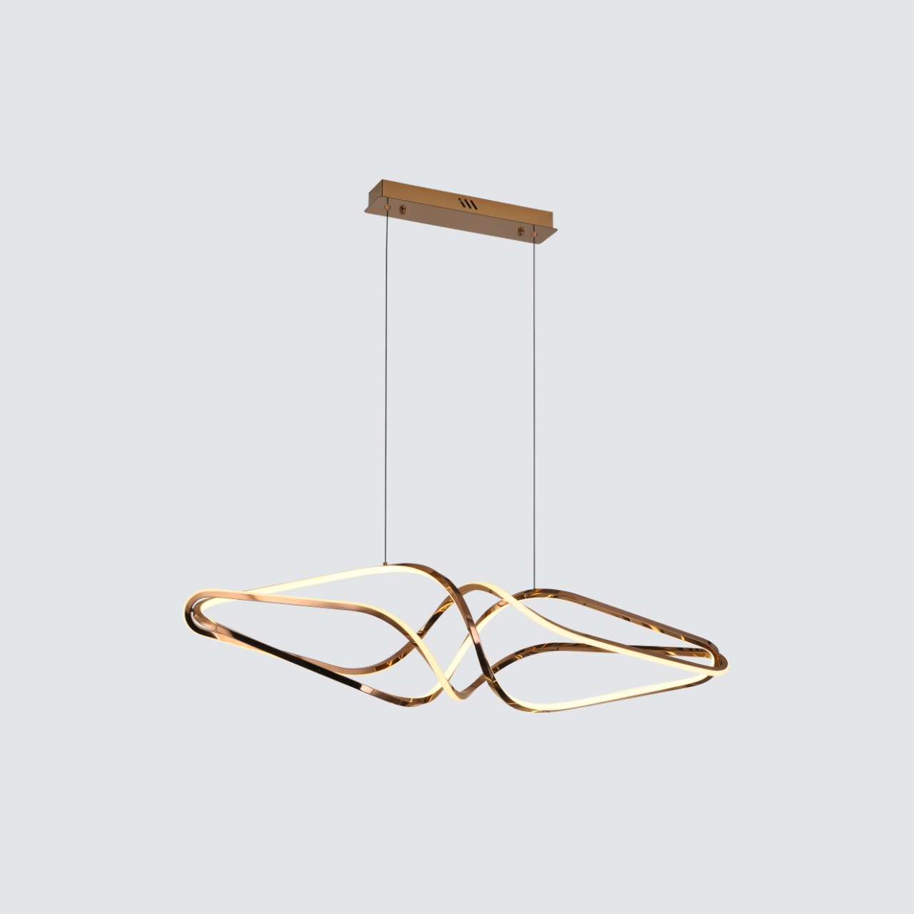 Modern gold LED wave chandelier in dining room with night view, contemporary pendant light, elegant ceiling fixture