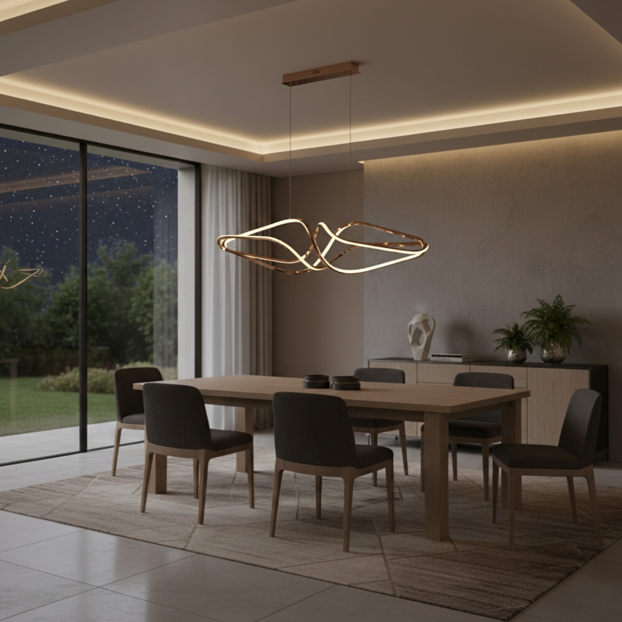 Modern gold LED wave chandelier in dining room with night view, contemporary pendant light, elegant ceiling fixture