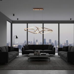 Modern gold LED wave chandelier in dining room with night view, contemporary pendant light, elegant ceiling fixture