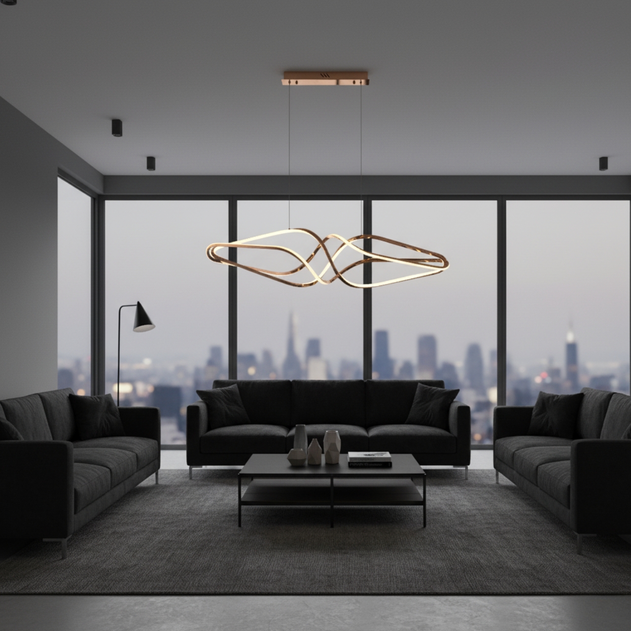Modern gold LED wave chandelier in dining room with night view, contemporary pendant light, elegant ceiling fixture