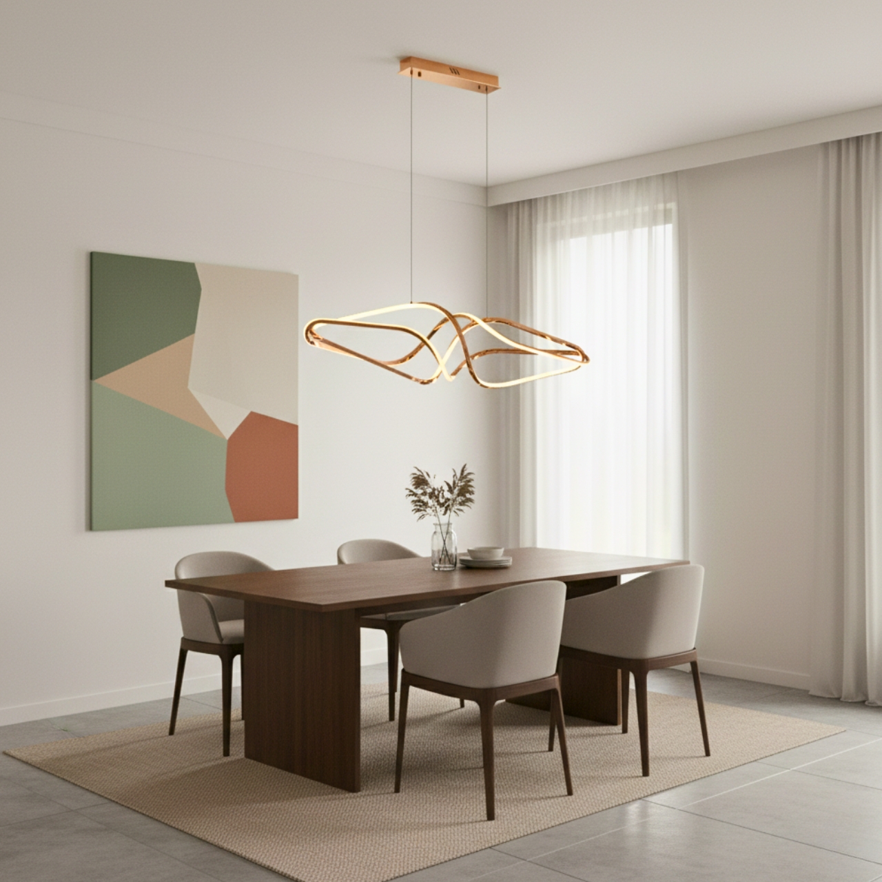 Modern gold LED wave chandelier in dining room with night view, contemporary pendant light, elegant ceiling fixture