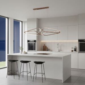 Modern gold LED wave chandelier in dining room with night view, contemporary pendant light, elegant ceiling fixture coffee brown 150cm