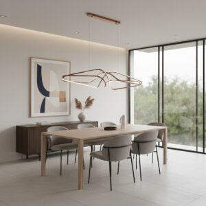 Modern gold LED wave chandelier in dining room with night view, contemporary pendant light, elegant ceiling fixture coffee brown 150cm