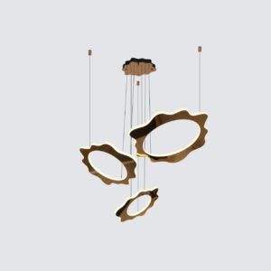 Modern gold LED chandelier in a luxury living room, abstract pendant light design, modern interior lighting.