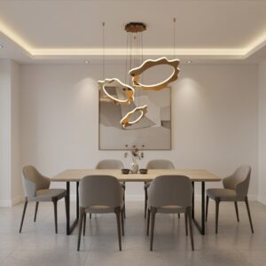 Modern gold LED chandelier in a luxury living room, abstract pendant light design, modern interior lighting.