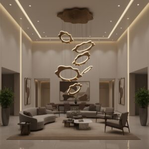 Modern gold LED chandelier in a high-ceiling luxury living room, illuminating a staircase and sofa with a warm glow.