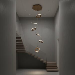 Luxury Modern LED Chandelier in a hotel lobby with high ceilings, illuminating a sophisticated living area.