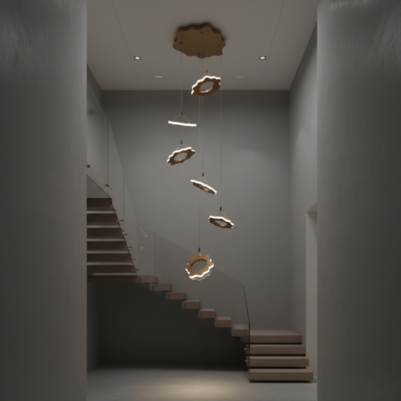 Luxury Modern LED Chandelier in a hotel lobby with high ceilings, illuminating a sophisticated living area.