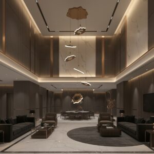 Luxury Modern LED Chandelier in a hotel lobby with high ceilings, illuminating a sophisticated living area.