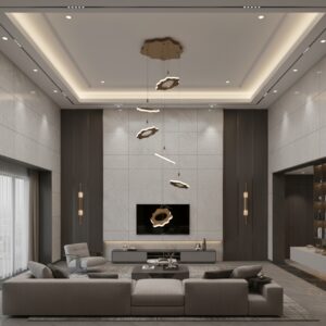 Luxury Modern LED Chandelier in a hotel lobby with high ceilings, illuminating a sophisticated living area.