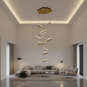 Luxury modern high ceiling living area with staircase and a large gold cloud-design pendant chandelier.