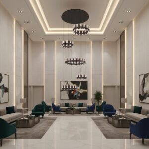 Luxury multi-tier modern LED chandelier for high ceilings in a contemporary living room