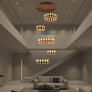 Luxury multi-tier modern LED chandelier for high ceilings in a contemporary living room