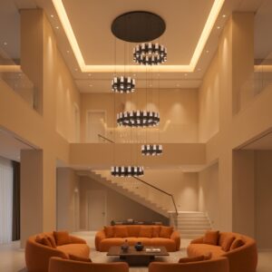 Luxury multi-tier modern LED chandelier for high ceilings in a contemporary living room