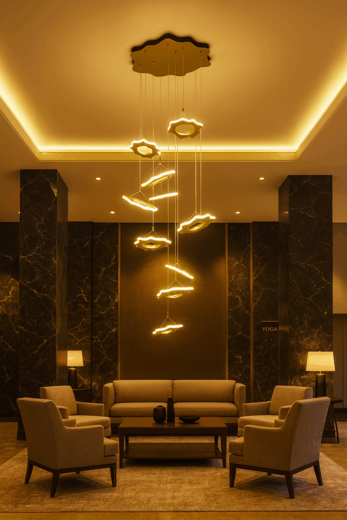 Luxury modern high ceiling living area with staircase and a large gold cloud-design pendant chandelier.