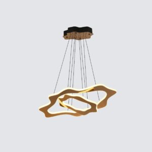 Luxury modern LED chandelier pendant light with a wavy design, illuminating a contemporary bedroom interior.