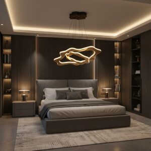 Luxury modern LED chandelier pendant light with a wavy design, illuminating a contemporary bedroom interior.