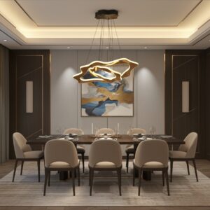 Luxury modern LED chandelier pendant light with a wavy design, illuminating a contemporary dining room interior.
