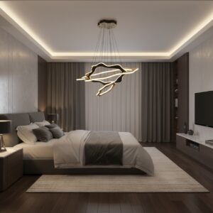 Luxury modern LED chandelier pendant light with a wavy design, illuminating a contemporary.