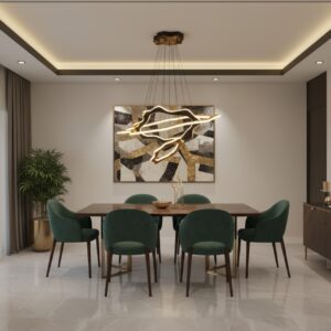 Luxury modern LED chandelier pendant light with a wavy design, illuminating a contemporary.