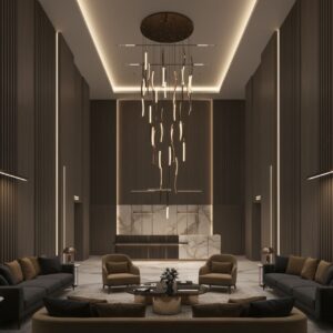 Modern LED chandelier for high ceiling luxury hotel lobby interior with warm lighting