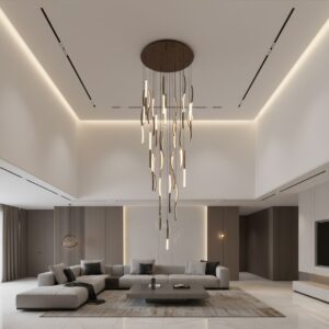 Modern LED chandelier for high ceiling luxury hotel lobby interior with warm lighting