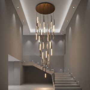 Modern LED chandelier for high ceiling luxury hotel lobby interior with warm lighting