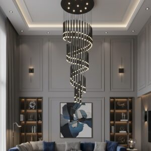 Modern LED chandelier for high ceiling luxury hotel lobby interior with warm lighting Black