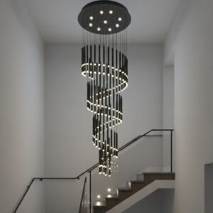 Modern LED chandelier for high ceiling luxury hotel lobby interior with warm lighting Black